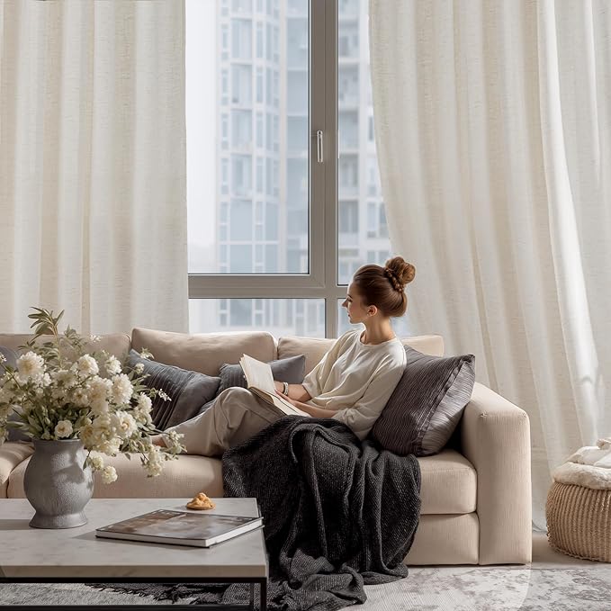 RYB HOME Sheer Curtains 108 inches Long Linen Blend Vertical Extra Long High Ceiling Window Drapes for Living Room, Office, Nursery, Rod Pocket & Back Tab, Ivory, W 52 x L 108 inch, Set of 2