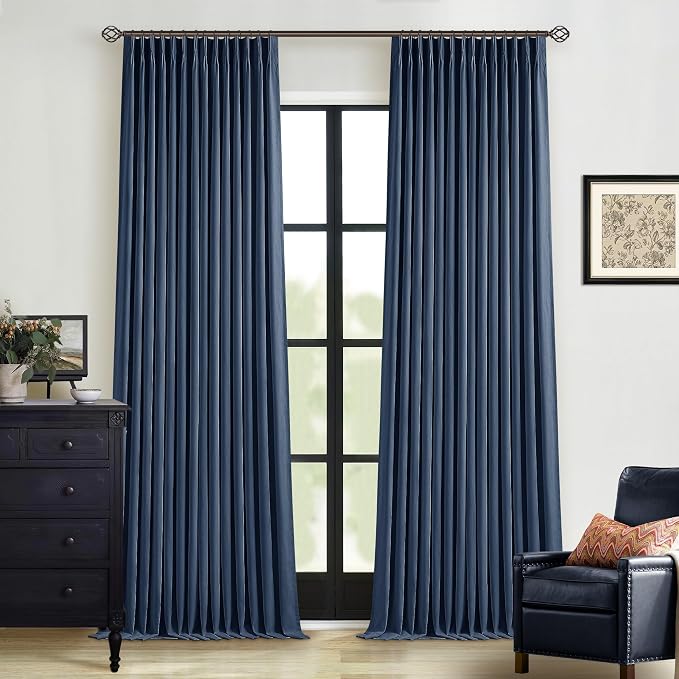Indigo Navy Pleated Linen Blackout Curtains 90 Inches Long by Twodrapes