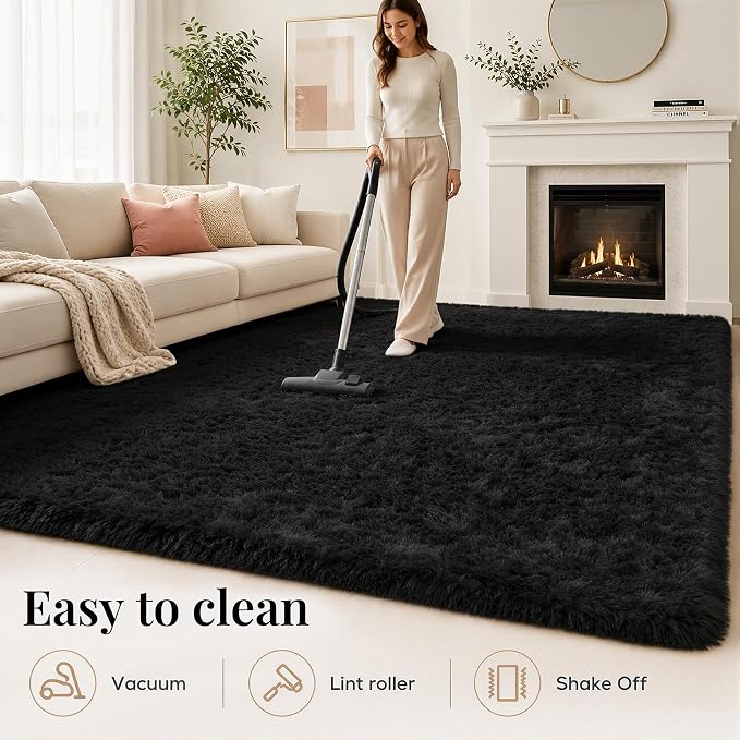 PLHXFR 8x10 Area Rugs Living Room: Fluffy Bedroom Rug Shag Carpet Black | - Image 8