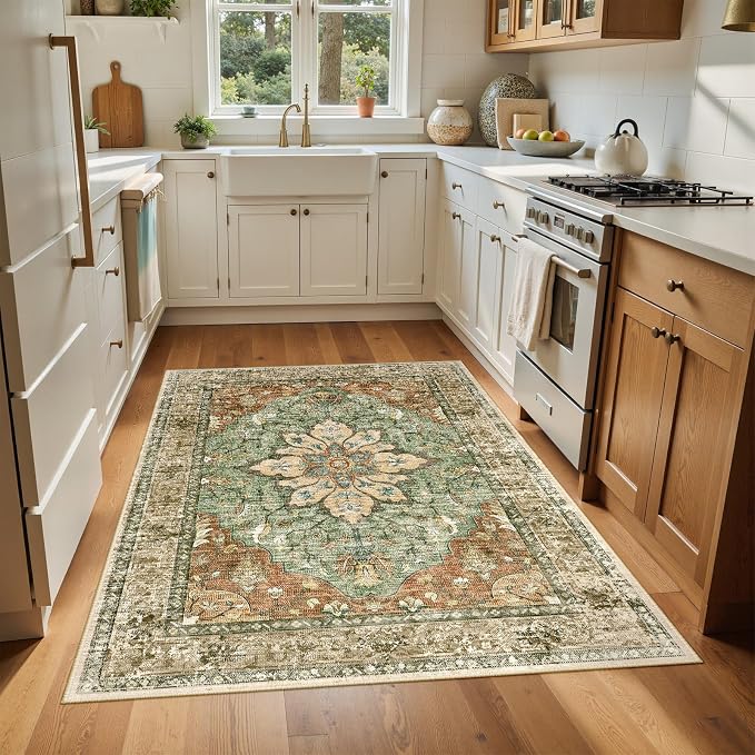 RELEANY Washable Area Rug, Brick/Brown/Green | Non-Slip, Water Repellent - Image 4