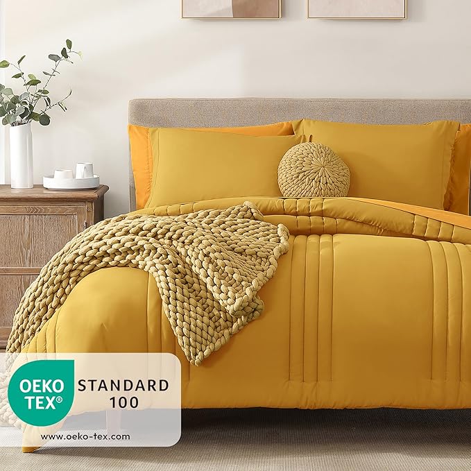 Monbix Queen Comforter Set - 7 Pieces Bright Yellow Bed in a Bag Queen Bedding Sets with Comforters, All Seasons Down Alternative Comforter Bed Set with Sheets,Pillowcases & Shams