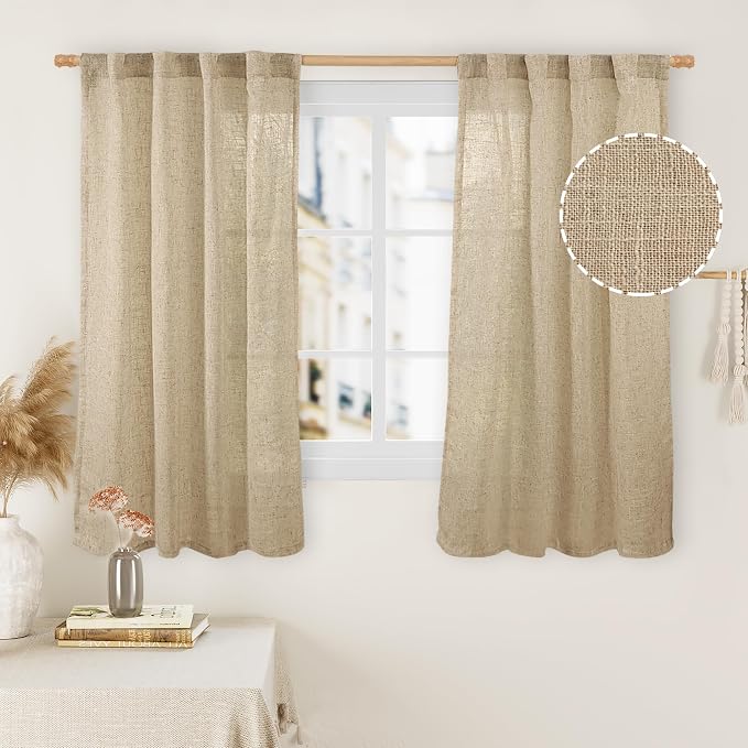 Brown Sheer Linen Curtains 48 Inch Length 2 Panels, 34 x 48 Inch | Semi Sheer by LAMIT