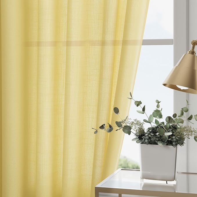 Yellow Linen Boho Curtains for Bedroom Back Tab Rod Pocket Semi Sheer Linen - Image 2