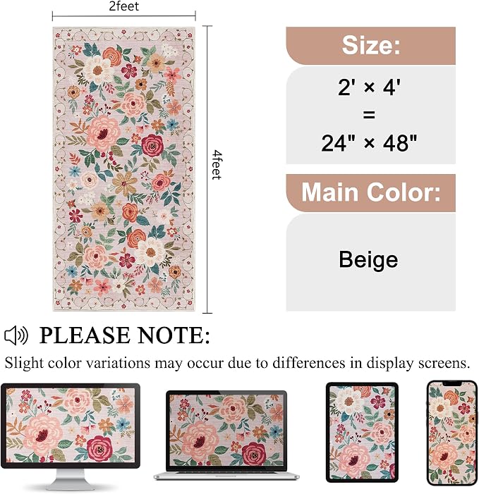 DUKINO 2x4 Entryway Rug, Floral Washable Kitchen Rugs Non Slip, Soft Indoor - Image 2