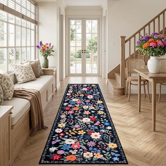 PLHXFR 3x10 Washable Runner Rug：Floral Indoor Kitchen Soft Carpet Black | - Image 3
