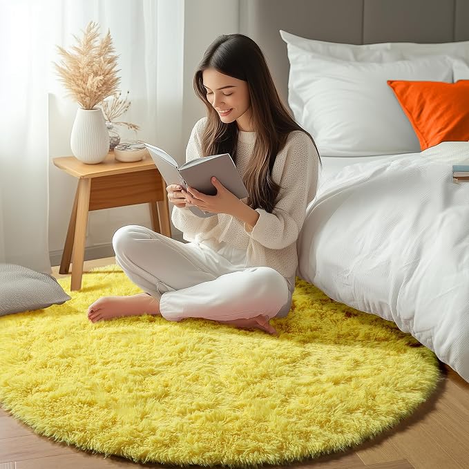 Yellow Round Rugs 5ft for Bedroom Living Room, Fluffy Circle Area Rug for Kids - Image 5