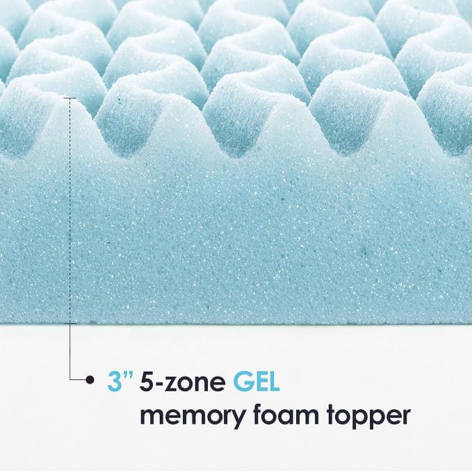 Mellow 3 Inch 5-Zone Memory Foam Mattress Topper, Cooling Gel Infusion, Dorm Essentials, Full Blue