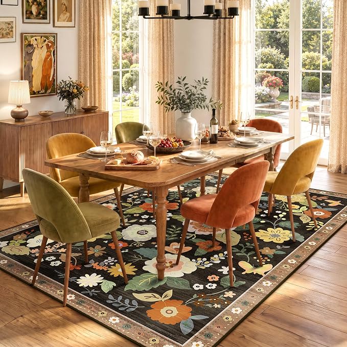 RELEANY Floral Washable 8x10 Area Rugs Black/Yellow | Flower Carpet Print Boho - Image 8