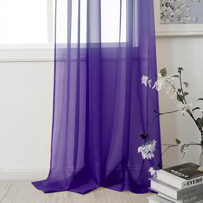 HUTO Short Purple Sheer Curtains 45 Inch Length for Girls Room Rod Pocket Sheer Window Drapes for Kitchen Bedroom Bathroom,Purple 2 Panels