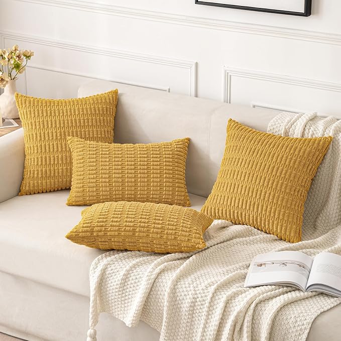 MIULEE Corduroy Decorative Throw Pillow Covers 20x20 Yellow Pack of 2 | Soft - Image 4