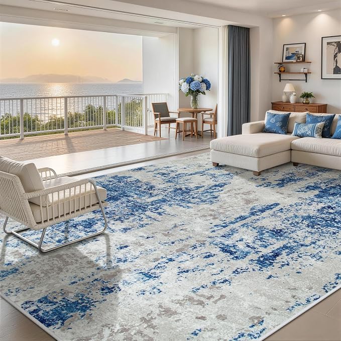 9x12 Area Rugs for Living Room Washable Bedroom Dining Room Blue Grey White | - Image 9