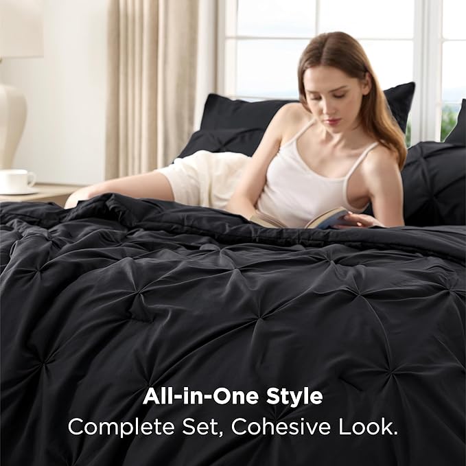 Bedsure Oversized King Comforter Set Black - Bed in a Bag Bedding Set 7 Pieces, GentleSoft™ Pintuck Bed Set Gift for Family, Pinch Pleat Black Comforter with Sheets, Pillowcases & Shams