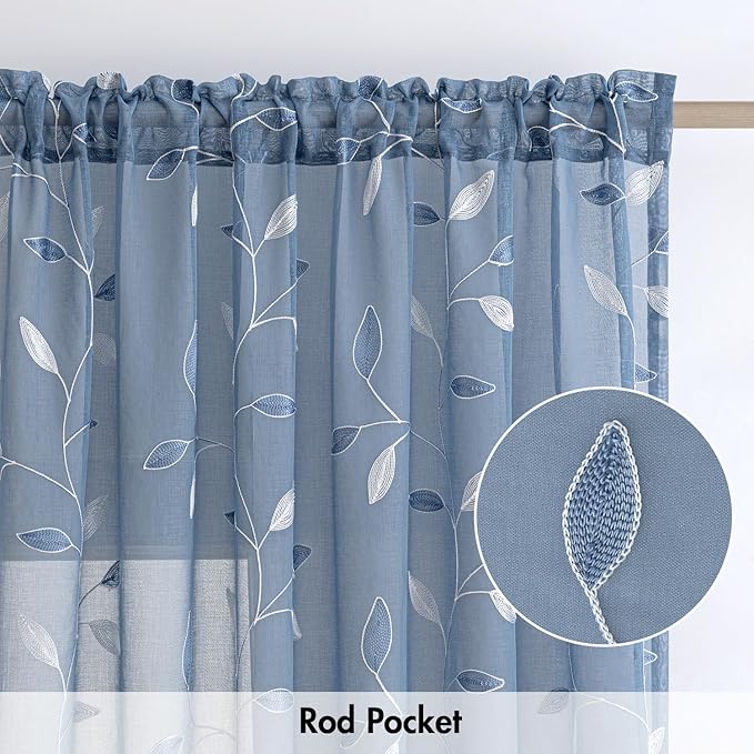 MIULEE Dusty Blue Sheer Curtains 2 Panels Leaf Patterned, W52 x L84 | - Image 6