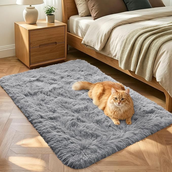 2x3 Grey Fluffy Soft Area Rug Non-Slip by ModernHomeDecor