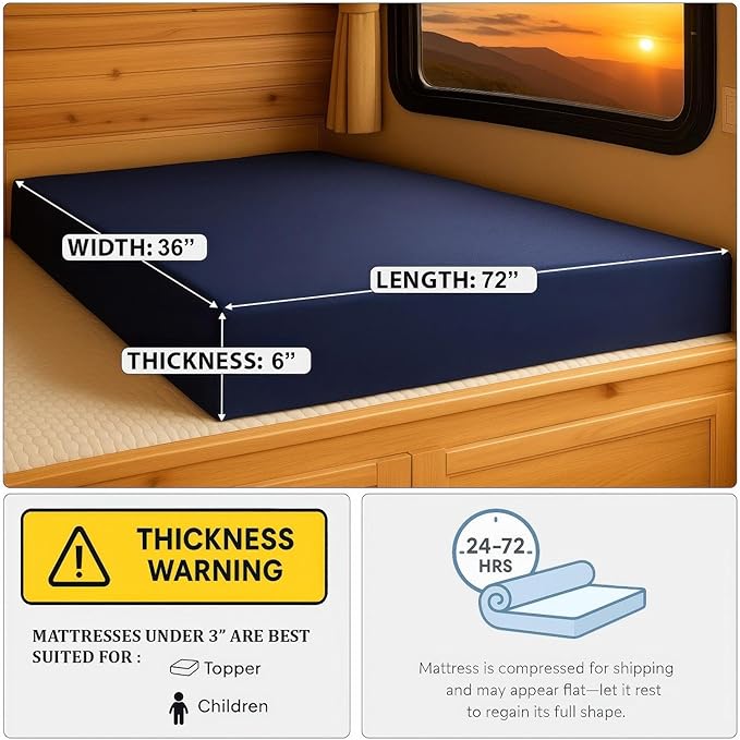 Foamma 6” x 36” x 72” Water Resistant Gel Memory Foam RV Bunk Mattress, Firm High Density Foam Base, Comfortable and Durable Polyester Cover, Truck, Camper, Travel Trailer, Made in USA