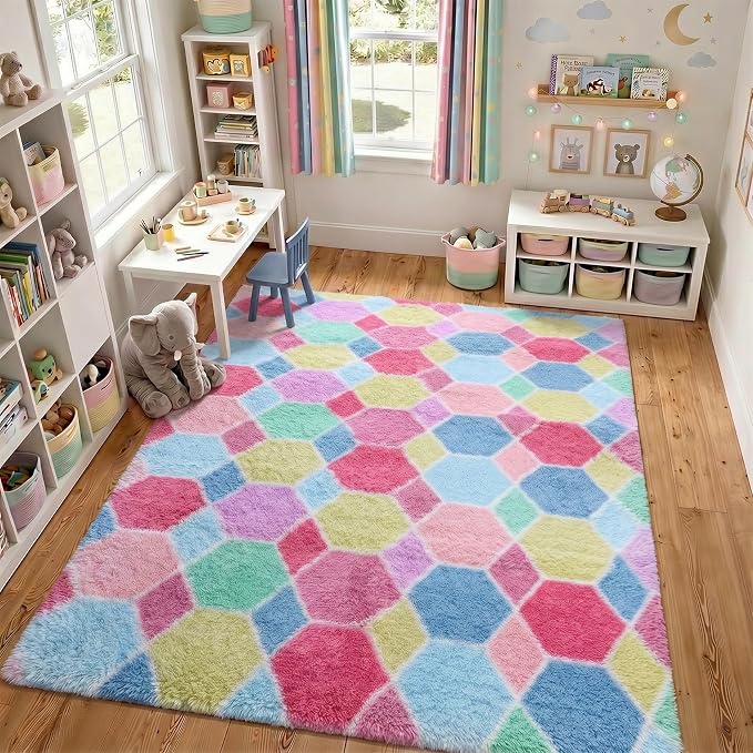 Checkered Pink Rainbow Area Rugs, Fluffy 5x8 Geometric Rug - Image 8