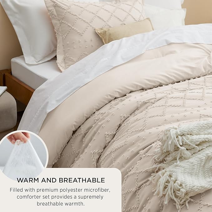 Bedsure King Comforter Set - Beige Comforter, Boho Tufted Shabby Chic Bedding for Kids, 3 Pieces Vintage Farmhouse Bed Set for All Seasons, Fluffy Soft Bedding with 2 Pillow Shams