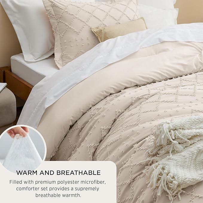 Bedsure Full Comforter Set - Beige Comforter, Boho Tufted Shabby Chic Bedding for Kids, 3 Pieces Vintage Farmhouse Bed Set for All Seasons, Fluffy Soft Bedding with 2 Pillow Shams