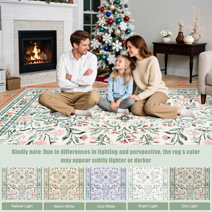 PLHXFR Area Rug 9x12 Living Room: Floral Washable Boho Carpet Green Beige | - Image 8