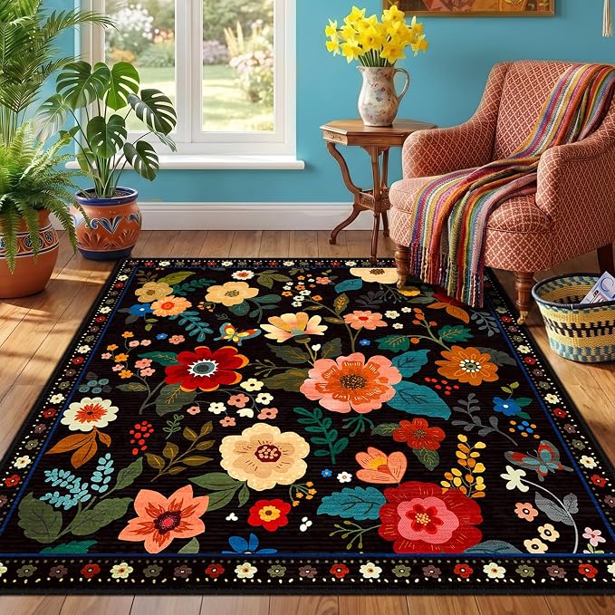 RELEANY Floral Washable Square 4ft Area Rug Black | Flower Carpet Print Boho - Image 2
