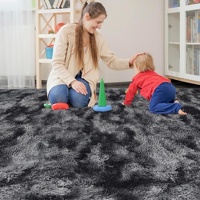 Black Grey Tie-Dyed Rug for Living Room 8x10 Fluffy Area Rug Mat Bedside Throw - Image 3