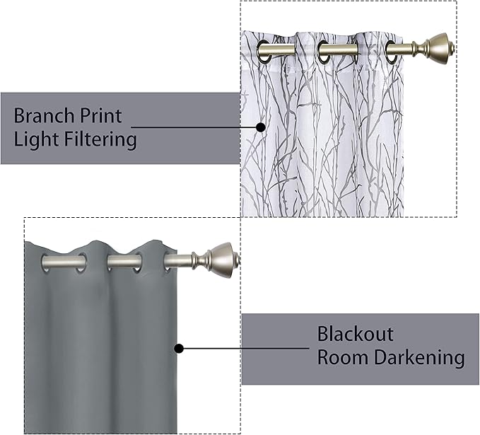 BONZER Mix and Match Curtains - 2 Pieces Branch Print Sheer Curtains and 2 Pieces Blackout Curtains for Bedroom Living Room Grommet Window Drapes, 37x95 Inch/Panel, Light Grey, Set of 4 Panels