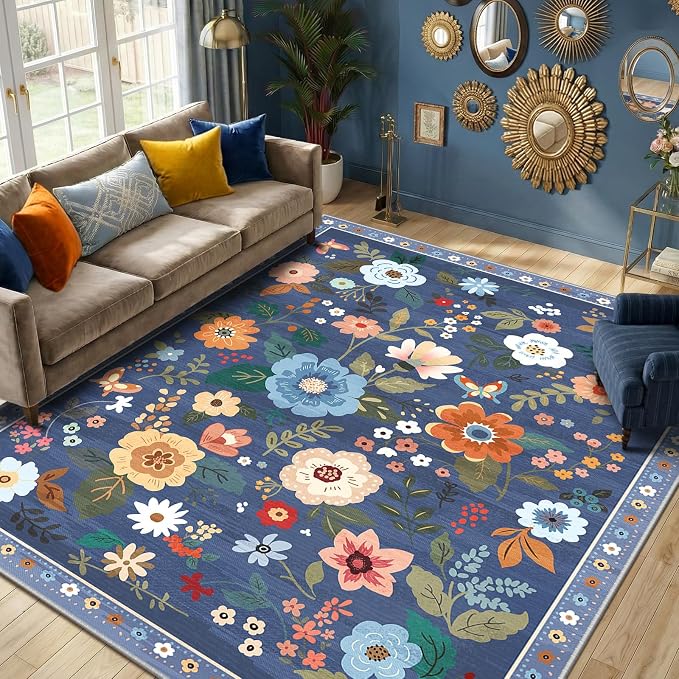 RELEANY Floral Washable 8x10 Area Rugs Blue/Grey | Flower Carpet Print Boho by RELEANY