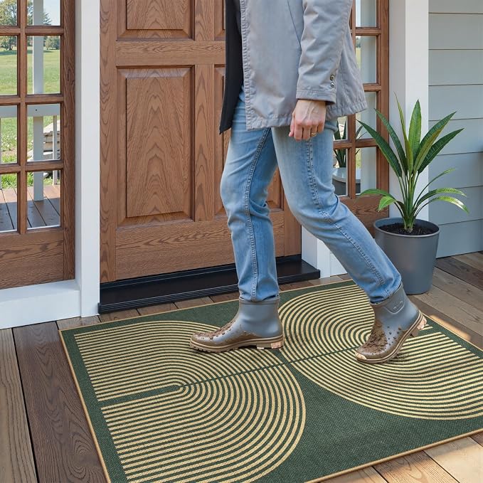 Lahome Modern Rainbow Green Entryway Rug, 3x5 Washable Outdoor Porch Rug | Non - Image 2