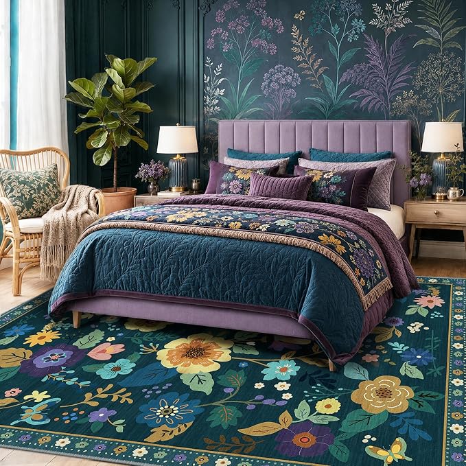 RELEANY Floral Washable 6x9 Area Rugs Teal/Purple | Flower Carpet Print Boho - Image 8