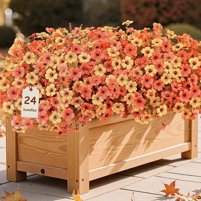 SHareconn 24 Bundles Artificial Fall Flowers for Outdoors Decoration, UV Resistant Silk Eucalyptus Lavender Faux Autumn Fake Plants for Outside Indoor Garden Yard Porch Home Decor, Autumn Orange-Red