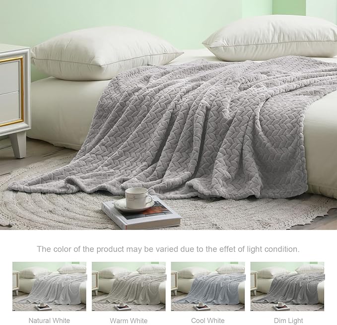 Exclusivo Mezcla Light Grey Fleece Queen Size Blanket for Bed, 90x90 Inches Soft Cozy 3D Decorative Jacquard Flannel Blankets, Lightweight Fuzzy Plush Warm Blankets for All Seasons