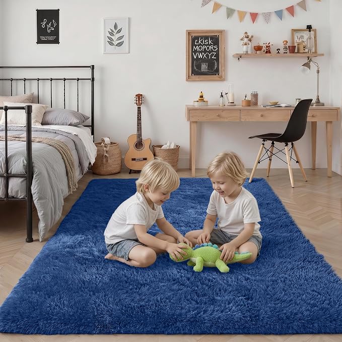 Area Rug Living Room Bedroom: 4x6 Fluffy Plush Shag Carpet Blue | - Image 7
