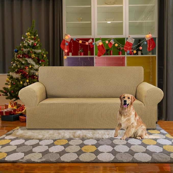 Stretch Loveseat Couch Cover, 2 Cushion Couch Slipcover, Tan | 1-Piece Washable - Image 2