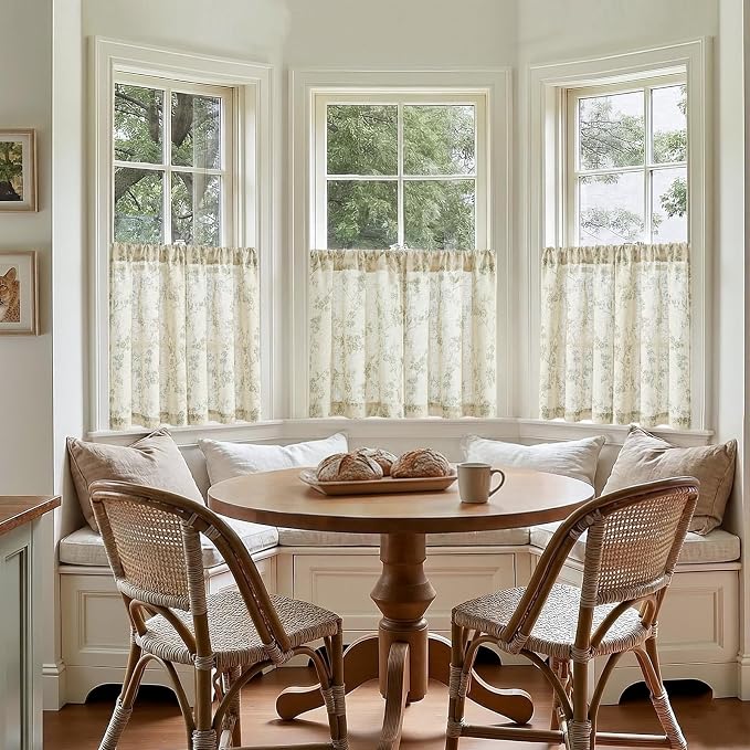 Green on Beige Linen Kitchen Curtains Rod Pocket 26W X 24L 2 Panels | Elisa - Image 3