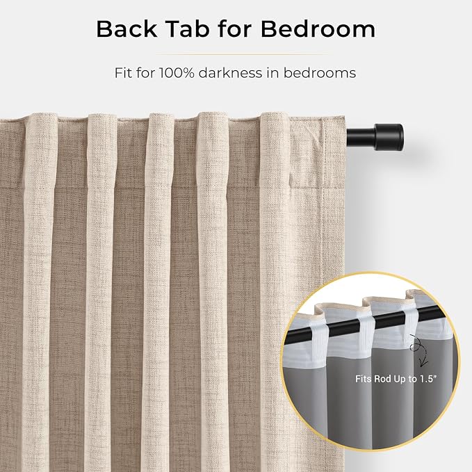 100% Blackout Curtains for Bedroom Oatmeal Linen Look Curtain 108 Inch Long | - Image 4