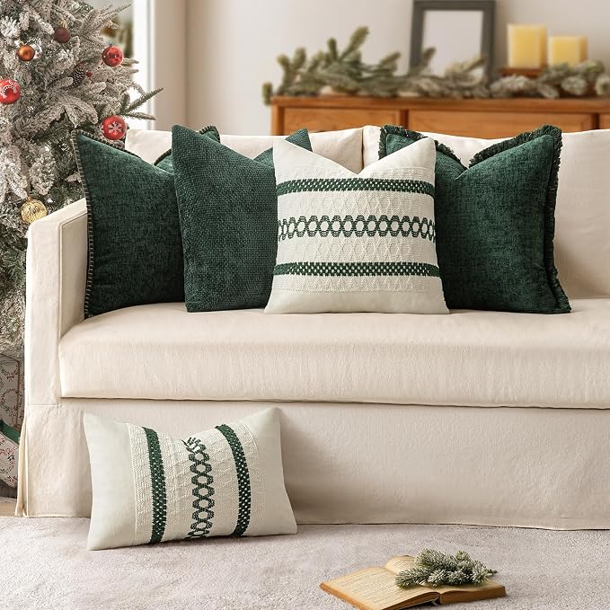MIULEE Set of 2 Dark Green Boho Decorative Lumbar Pillow Covers 12x20 Inch | - Image 2