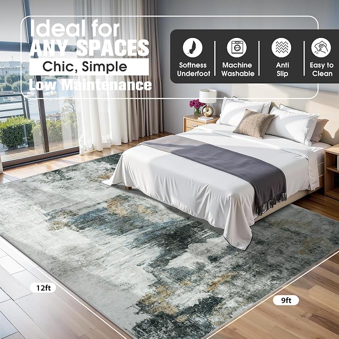 9x12 Area Rugs for Living Room Washable Bedroom Dining Room Black Gold | Modern - Image 2