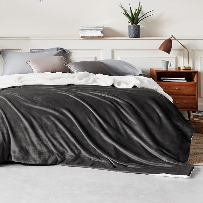 Bedsure GentleSoft Sherpa Fleece Blankets King Size for Bed - Thick and Warm Throw for Women and Men, Soft Fuzzy Plush King Blanket for Winter, Charcoal, 108x90 Inches
