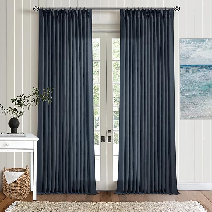 Navy Blue Linen Pinch Pleated Curtains 108 Inches Long 2 Panels | Light - Image 7