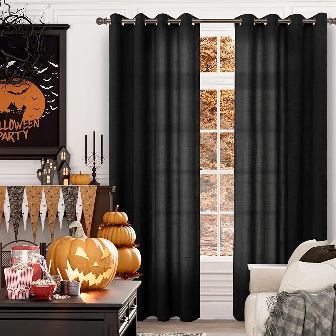 YoungsTex Black Linen Semi Sheer Curtains 90 Inch Length - Image 2