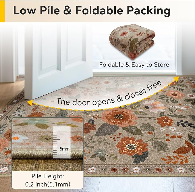 RELEANY Floral Washable 2x3 Area Rugs Doormat Brown/Brick | Flower Carpet Print - Image 6