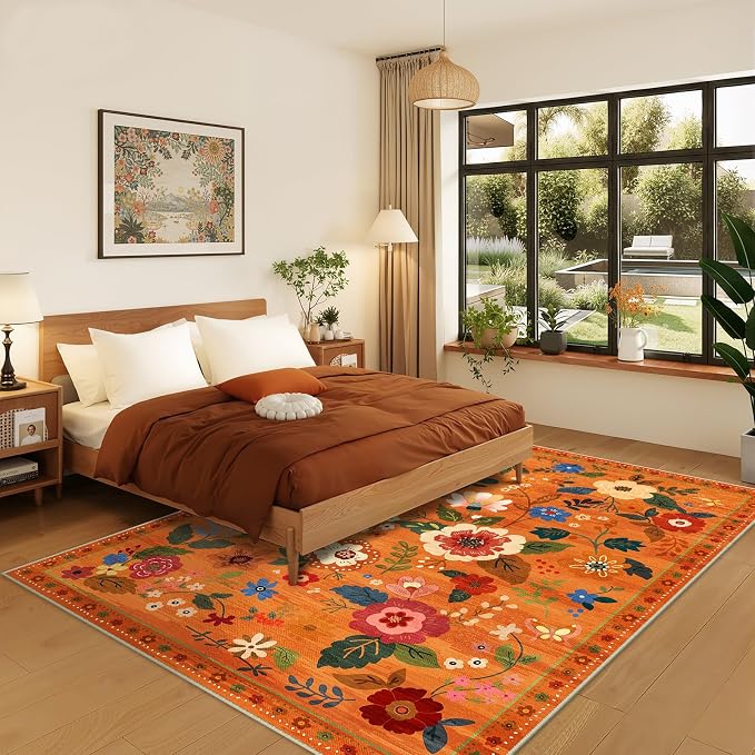 RELEANY Floral Washable 5x7 Area Rugs BurntOrange | Flower Carpet Print Boho - Image 8