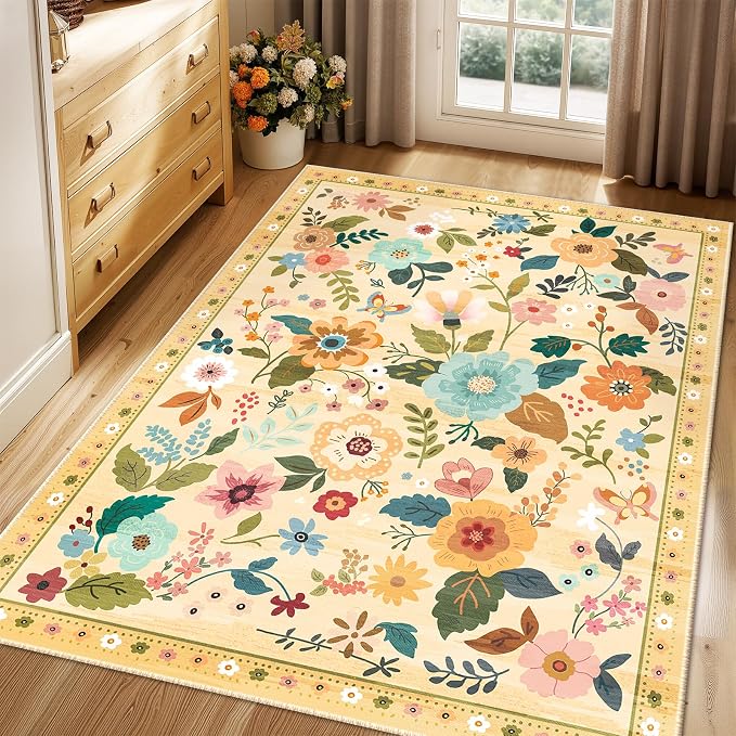 RELEANY Floral Washable 3x5 Area Rugs Ivory/Yellow | Flower Carpet Print Boho - Image 9