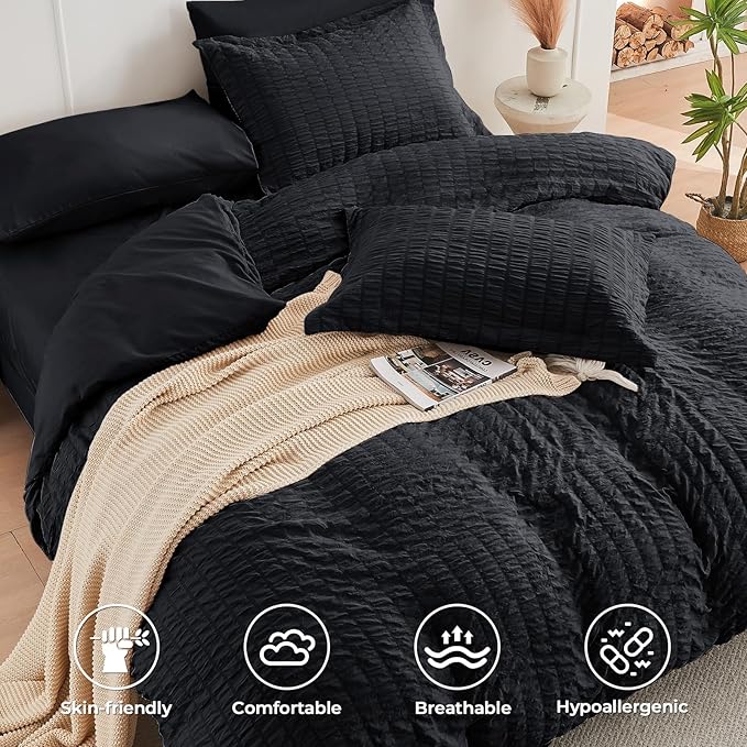 HYMOKEGE Black California King Comforter Set Seersucker 7 Pieces, All Season Luxury Bed in a Bag for Bedroom, Bedding Set with Comforters, Sheets, Pillowcases & Shams