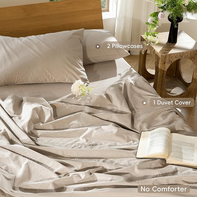 MooMee Bedding Duvet Cover Set 100% Washed Cotton Linen Like Textured Breathable Durable Soft Comfy (Heathered Taupe, Oversized Queen 98"x98")