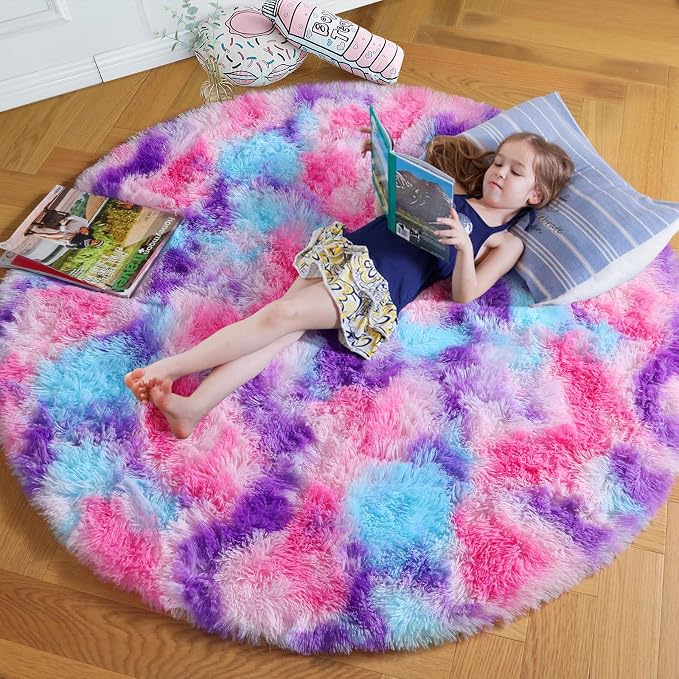 Amdrebio Pink Blue Purple Round Circle Rug 4Ft by Amdrebio