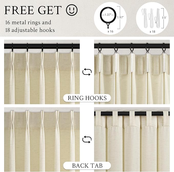 Topfinel 102 Inch Curtains 2 Panels Set, Two Packs Pinch Pleat Back Tab Linen - Image 6