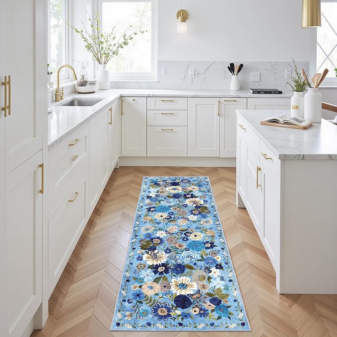 Blue Floral Hallway Runner Rug 2x6 - Image 3