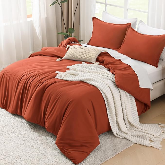 Litanika Comforters Burnt Orange Oversized Queen Size, 3 Pieces Lightweight Solid Bedding Comforter Set, All Season Fluffy Bed Set (98x98In Comforter & 2 Pillowcases)