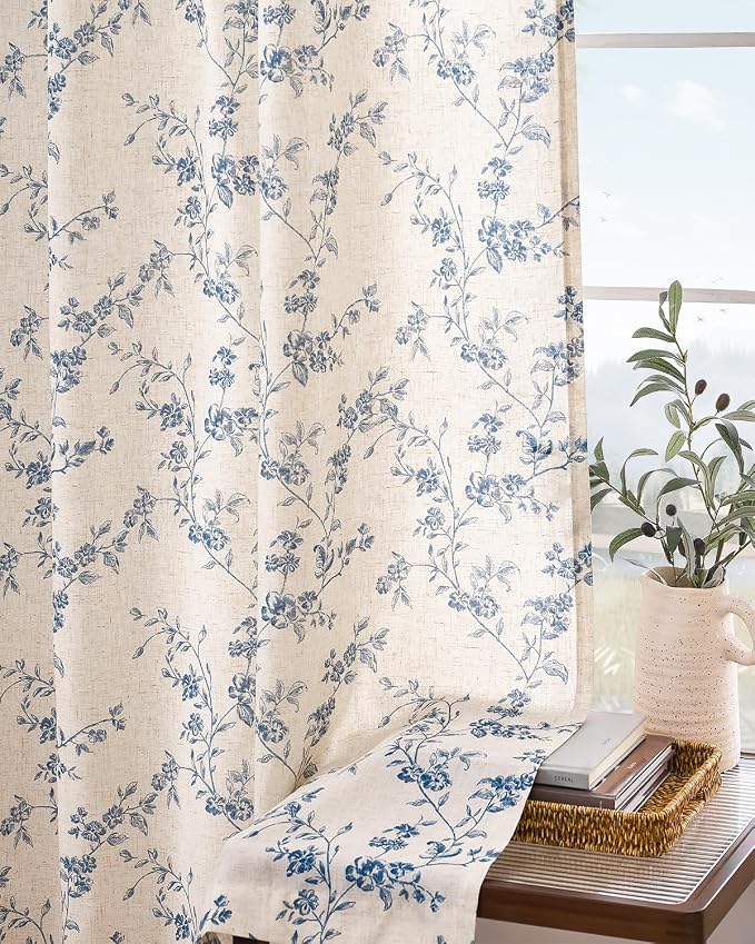 Extra Long Blue Vintage Floral Linen Curtains Farmhouse 2 Panels | Elisa Series - Image 8